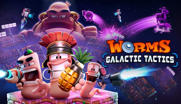 WORMS: Galactic Tactics game artwork showing Worms characters in a galactic battle.